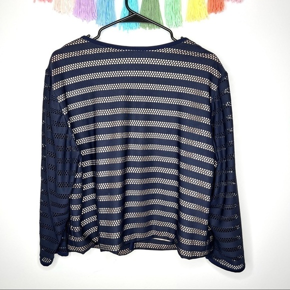 CJ Banks Open Front 3/4 Sleeve Navy and Beige Dressy Netted Cardigan Large - Picture 6 of 14